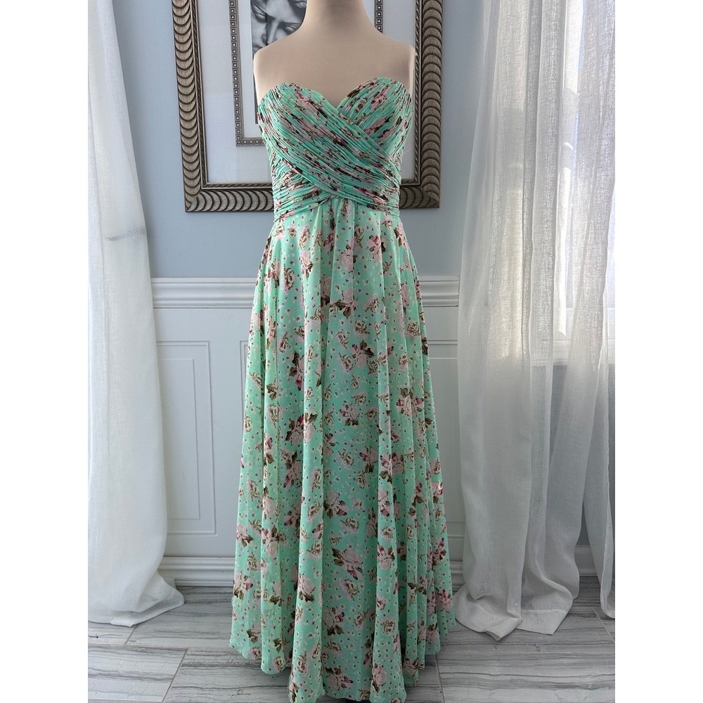 Prom Wedding Strapless Maxi Pleated Chiffon Floral Mint‎ Green Fairycore Size 4